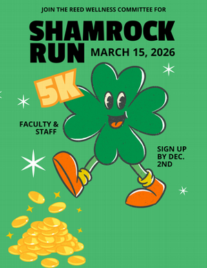 Smiling cartoon face on four leaf clover, holding sign for Shamrock Run